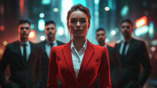 Woman in red stands ahead of a lookalike group of men.