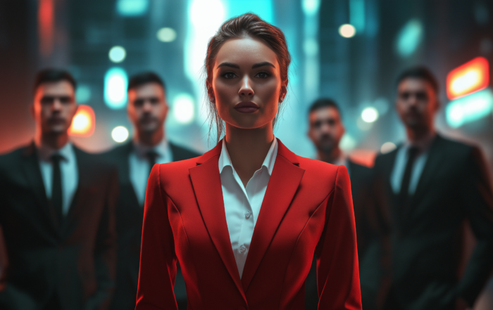 Woman in red stands ahead of a lookalike group of men.